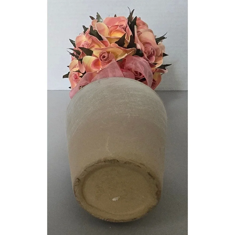 Pink Faux Rose Topiary Arrangement Whitewashed Pot Floral Home Decor 12 Inch